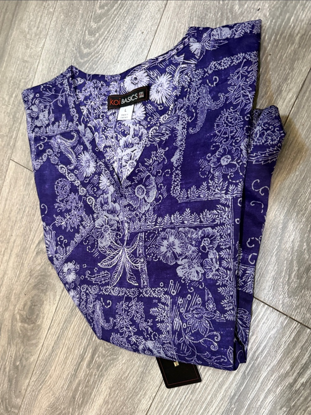 koi Purple Floral Print Short Sleeve Scrub Top